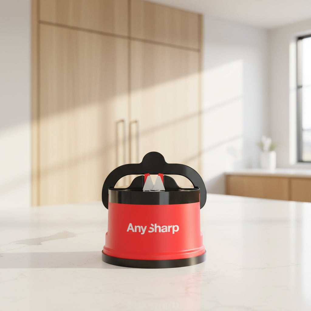 Red and black Any Sharp knife sharpener on a white background