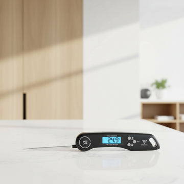 Black digital thermometer with a digital display on a white background