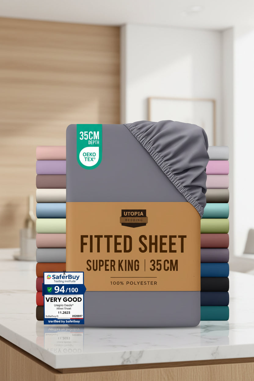 Stack of Utopia Bedding fitted sheets with a brown label and color swatches on a white background.