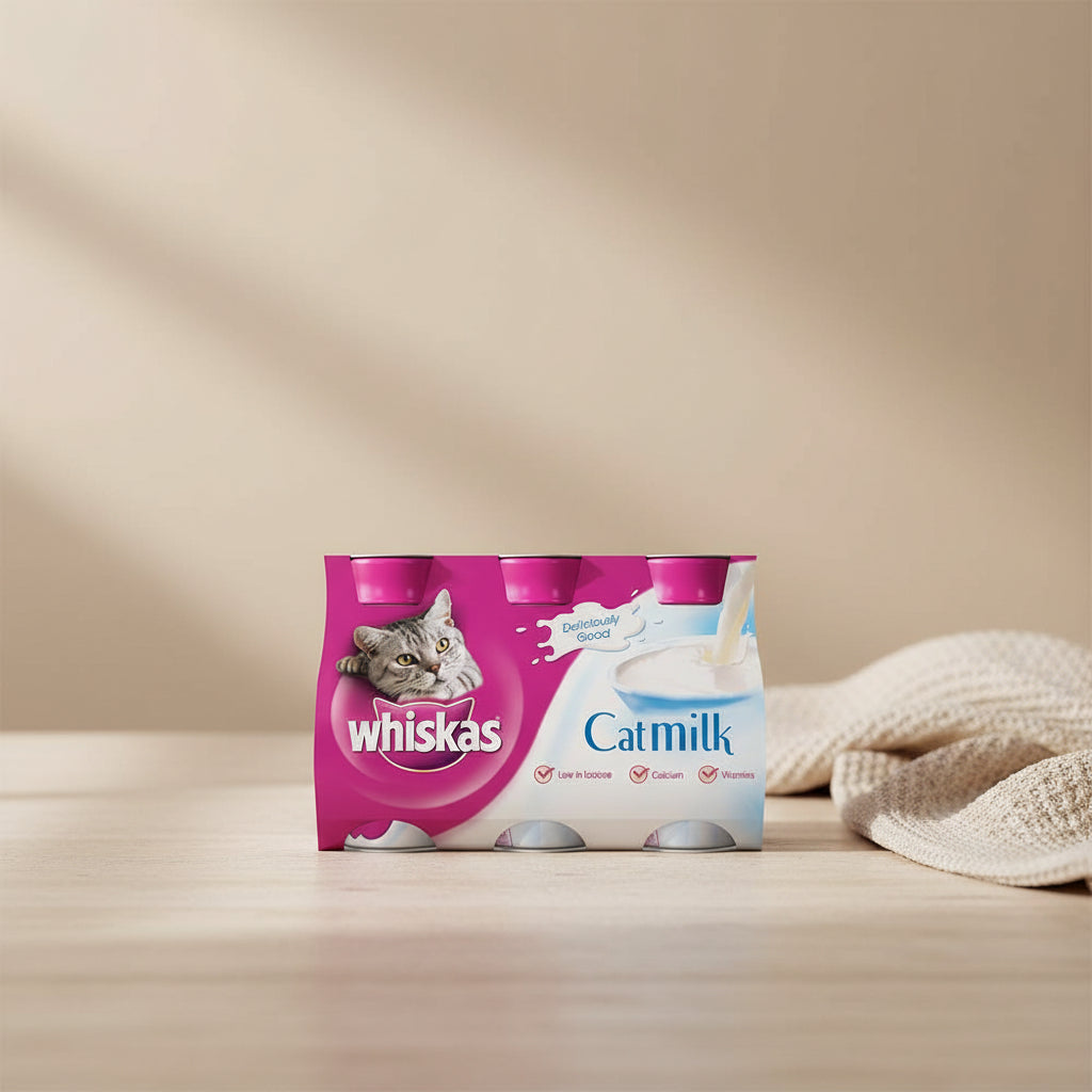 Whiskas Catmilk packaging with a cat on a pink background