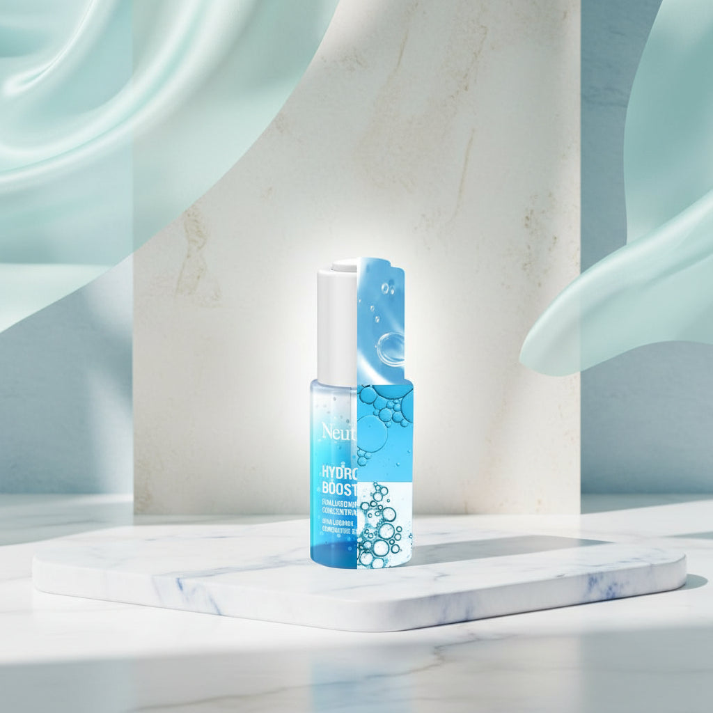 Neutrogena Hydro Boost product with text highlighting ingredients like hyaluronic acid, provitamin B5, and prebiotic technology.