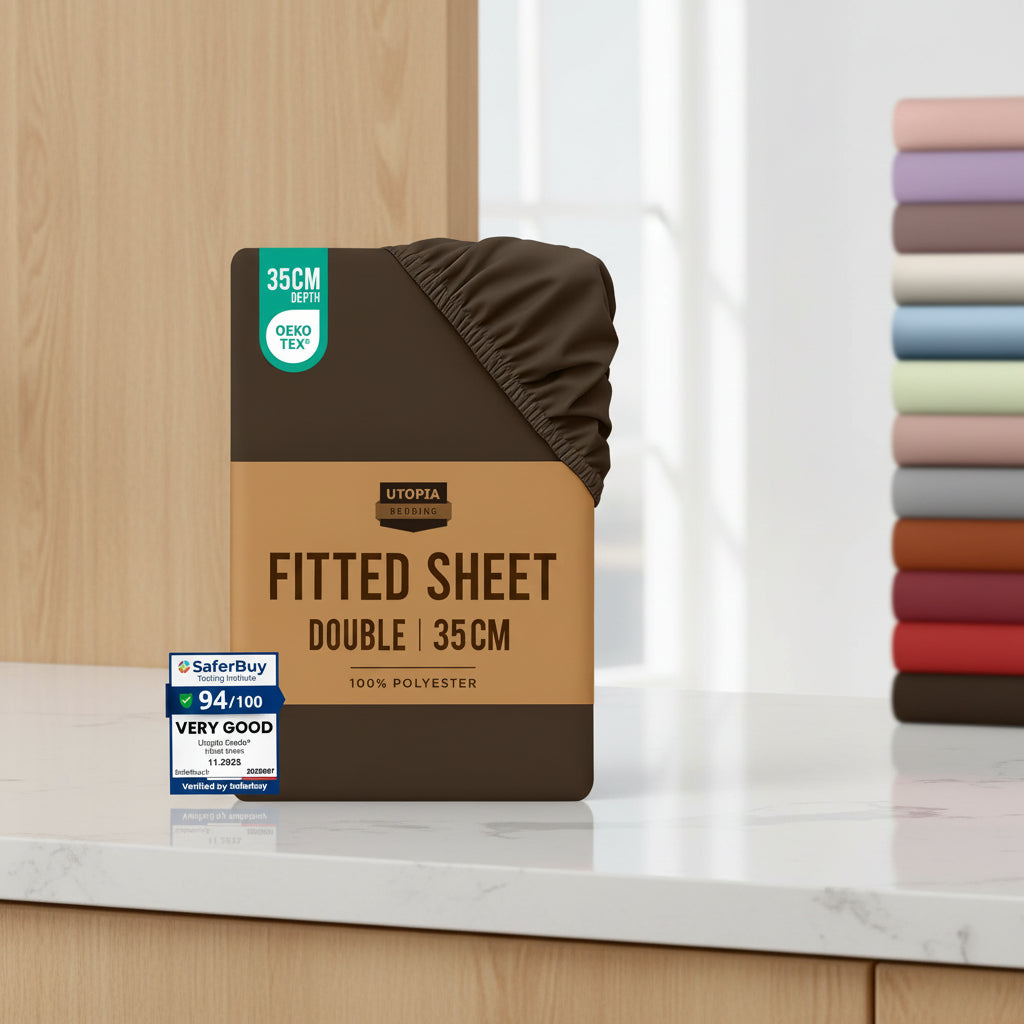 Stack of Utopia Bedding fitted sheets with color options and product details on a white background.