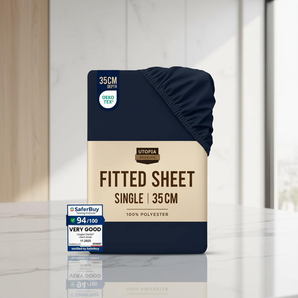 Stack of Utopia Bedding fitted sheets with a navy blue sheet on top and color swatches below.