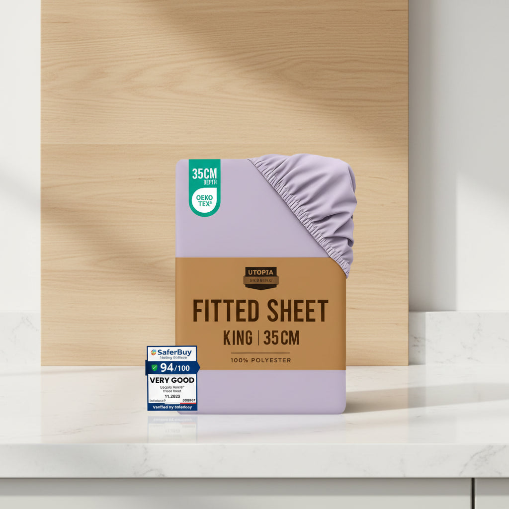 Packaged fitted sheet with color options and Utopia Bedding branding.