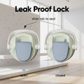Illustration of a leak proof lock mechanism with open and closed positions on a light blue background.