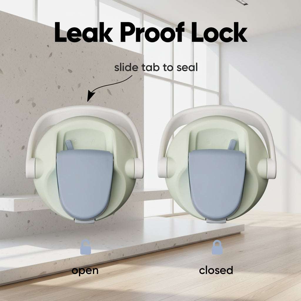 Illustration of a leak proof lock mechanism with open and closed positions on a light blue background.