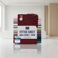 Stack of Utopia Bedding fitted sheets with color swatches and product details on a white background