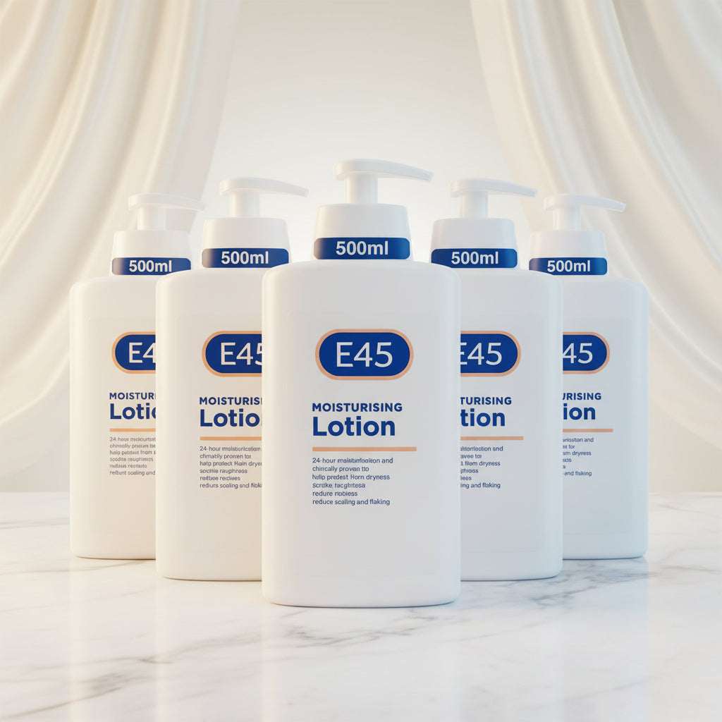 Multiple bottles of E45 moisturising lotion on a white background