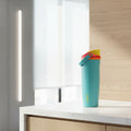 Colorful water bottle with a multicolored cap on a white background