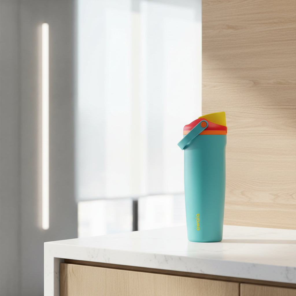 Colorful water bottle with a multicolored cap on a white background