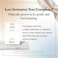 Text indicating a low irritation test completed with information about PHA formulation on a white background.