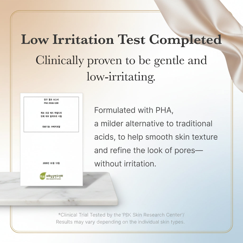 Text indicating a low irritation test completed with information about PHA formulation on a white background.