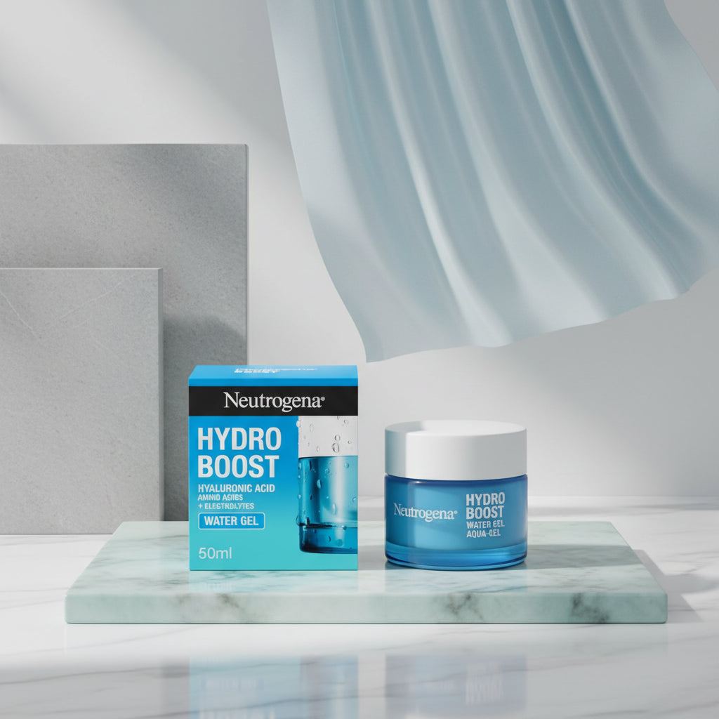Neutrogena Hydro Boost water gel packaging and jar on a white background