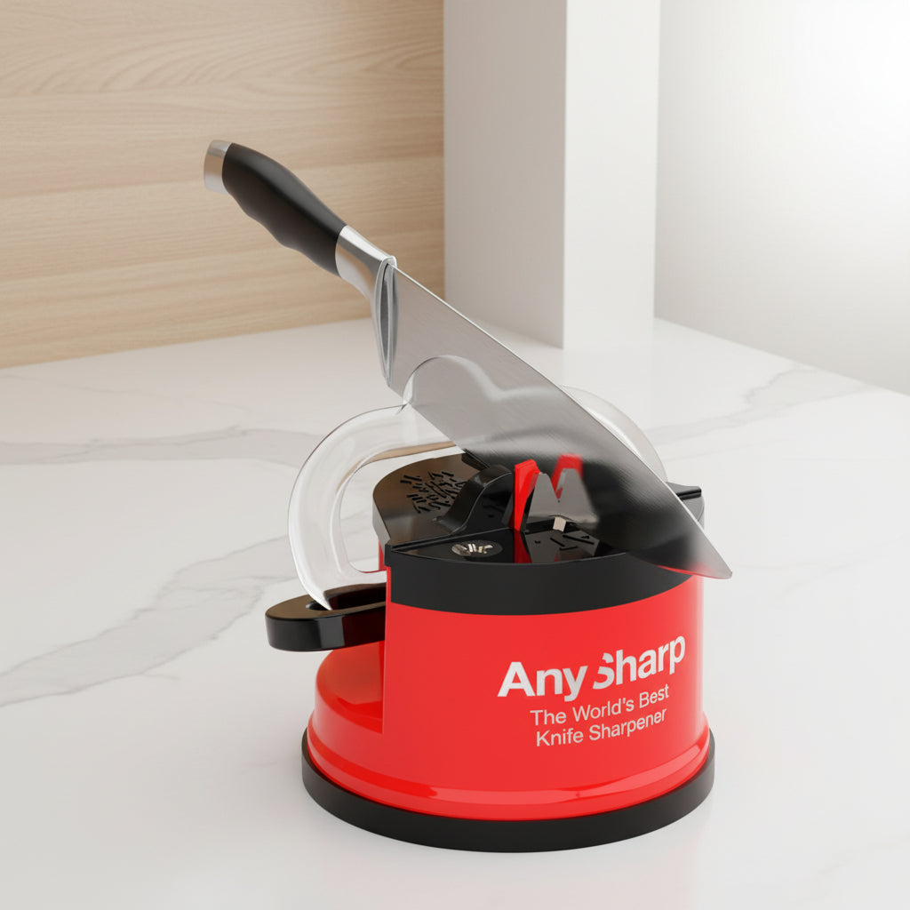 Red and black Any Sharp knife sharpener with a demonstration graphic of a knife being sharpened, featuring a green motion arrow on a white background.