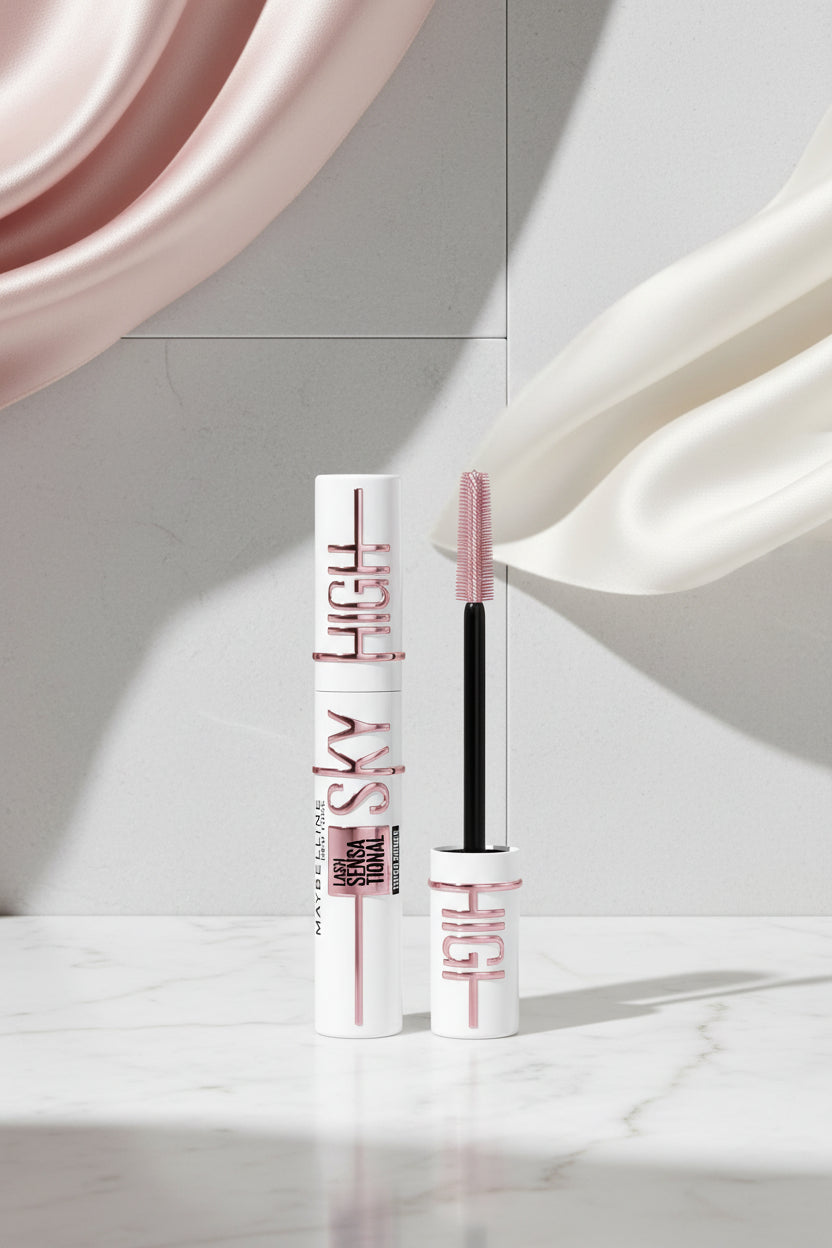 Maybelline Sky High mascara with packaging on a white background