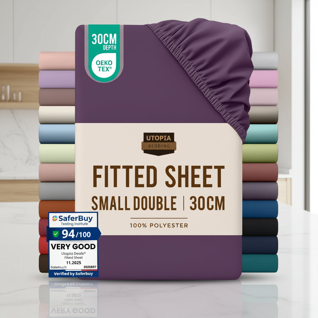 Stack of Utopia Bedding fitted sheets with a purple sheet on top, displayed against a white background.