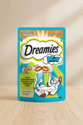 Dreamies Mix cat treat packaging with a cat illustration on a white background