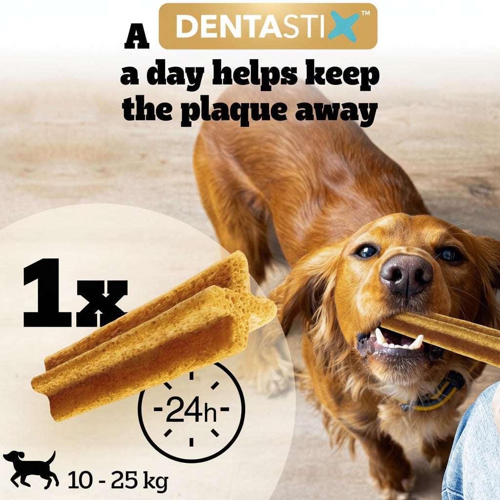 Dog chewing on a Dentastix with text about its plaque-fighting benefits.