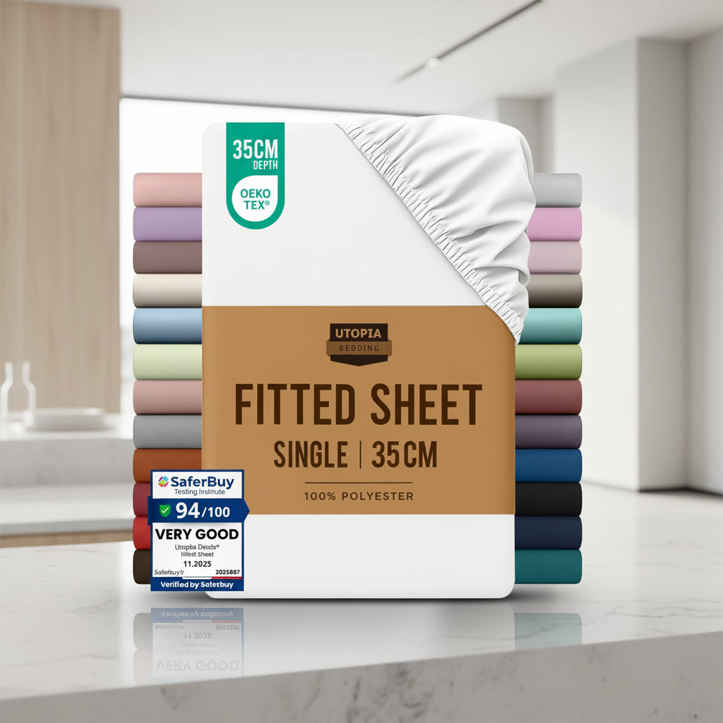 Packaged fitted sheets with color options and Utopia Bedding branding.