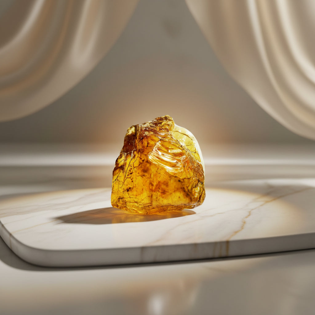 Close-up of a piece of amber with visible insect inclusion on a white background