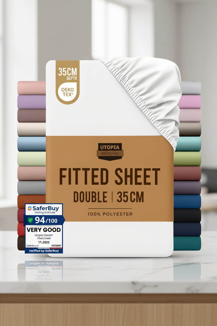 Packaged fitted sheets with color options and Utopia Bedding branding.
