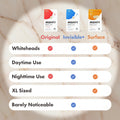 Comparison chart of Mighty Patch products with different features on a beige background.
