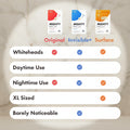 Comparison chart of Mighty Patch products with different features on a beige background.