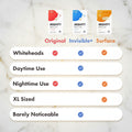 Comparison chart of Mighty Patch products with different features on a beige background.