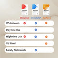 Comparison chart of Mighty Patch products with different features on a beige background.