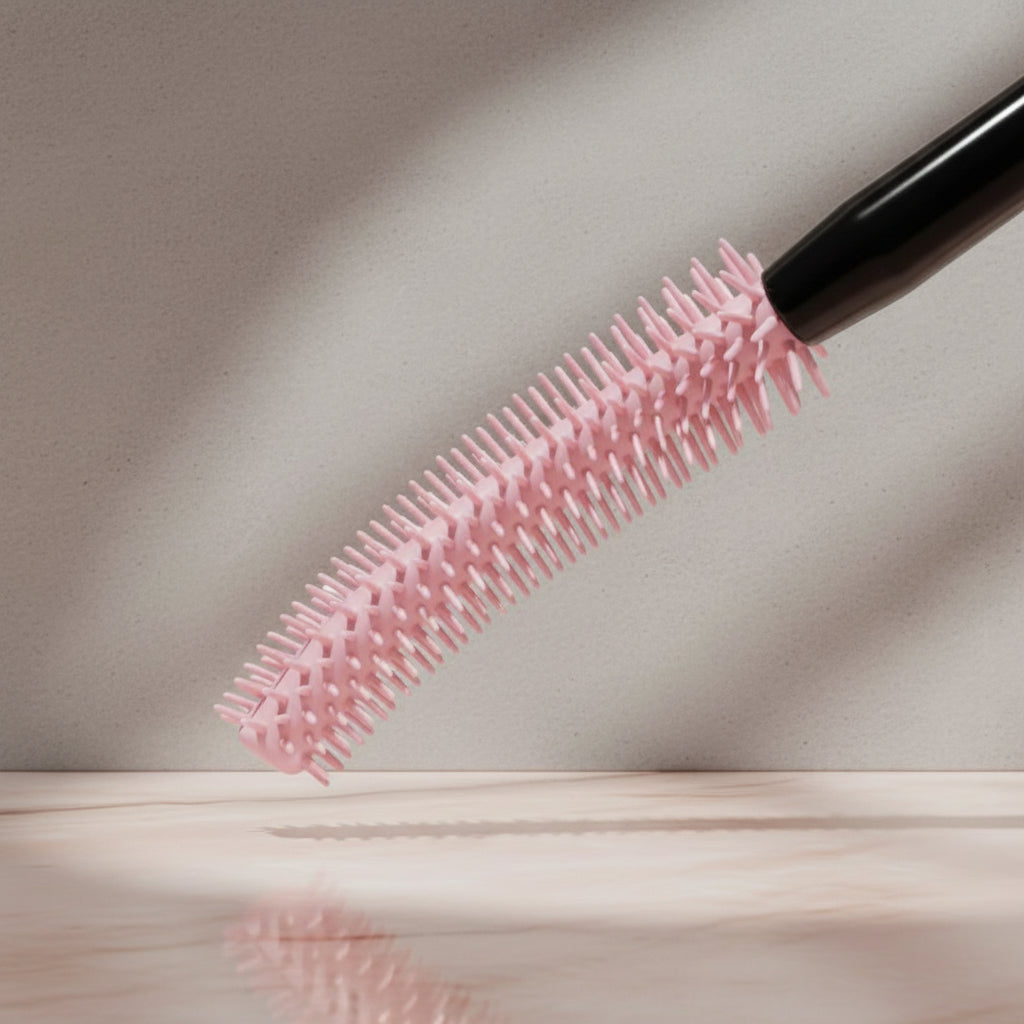 Flex tower brush with pink bristle head and black shaft on a light blue background