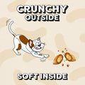 Cartoon cat chasing a piece of food with text 'Crunchy Outside, Soft Inside' on a yellow background