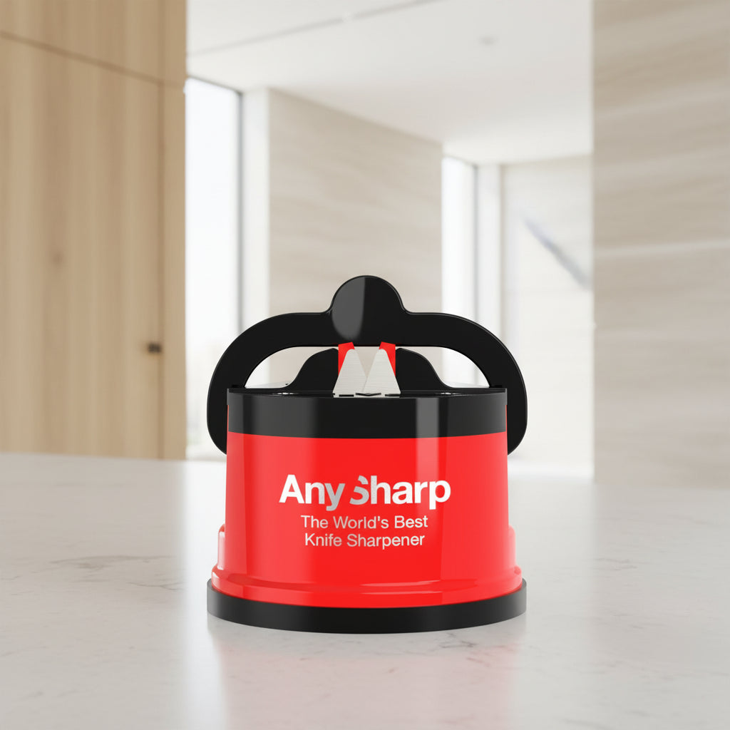 A red and black Any Sharp knife sharpener with white text on the front, shown on a solid white background.