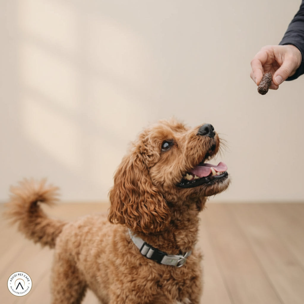 Brown dog standing on grass with a blurred background of trees and a person holding a treat.