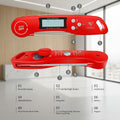 Red digital instant thermometer shown from two angles with numbered callouts explaining the features, on a white background.