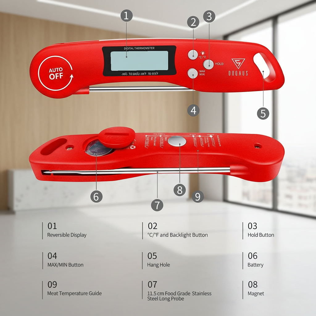 Red digital instant thermometer shown from two angles with numbered callouts explaining the features, on a white background.
