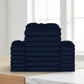 Stack of navy blue folded towels on a white background