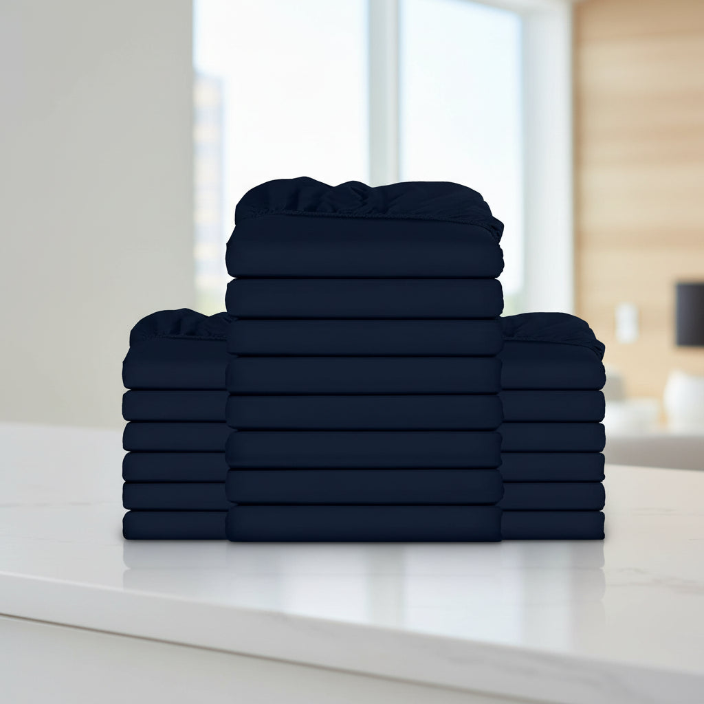 Stack of navy blue folded towels on a white background