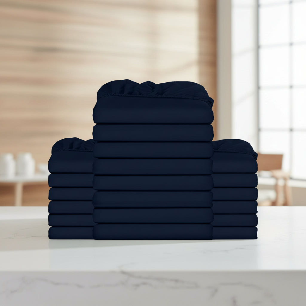 Stack of navy blue folded towels on a white background