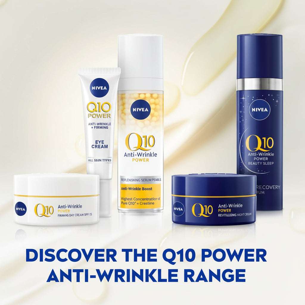 Nivea Q10 Power anti-wrinkle skincare products on a white background