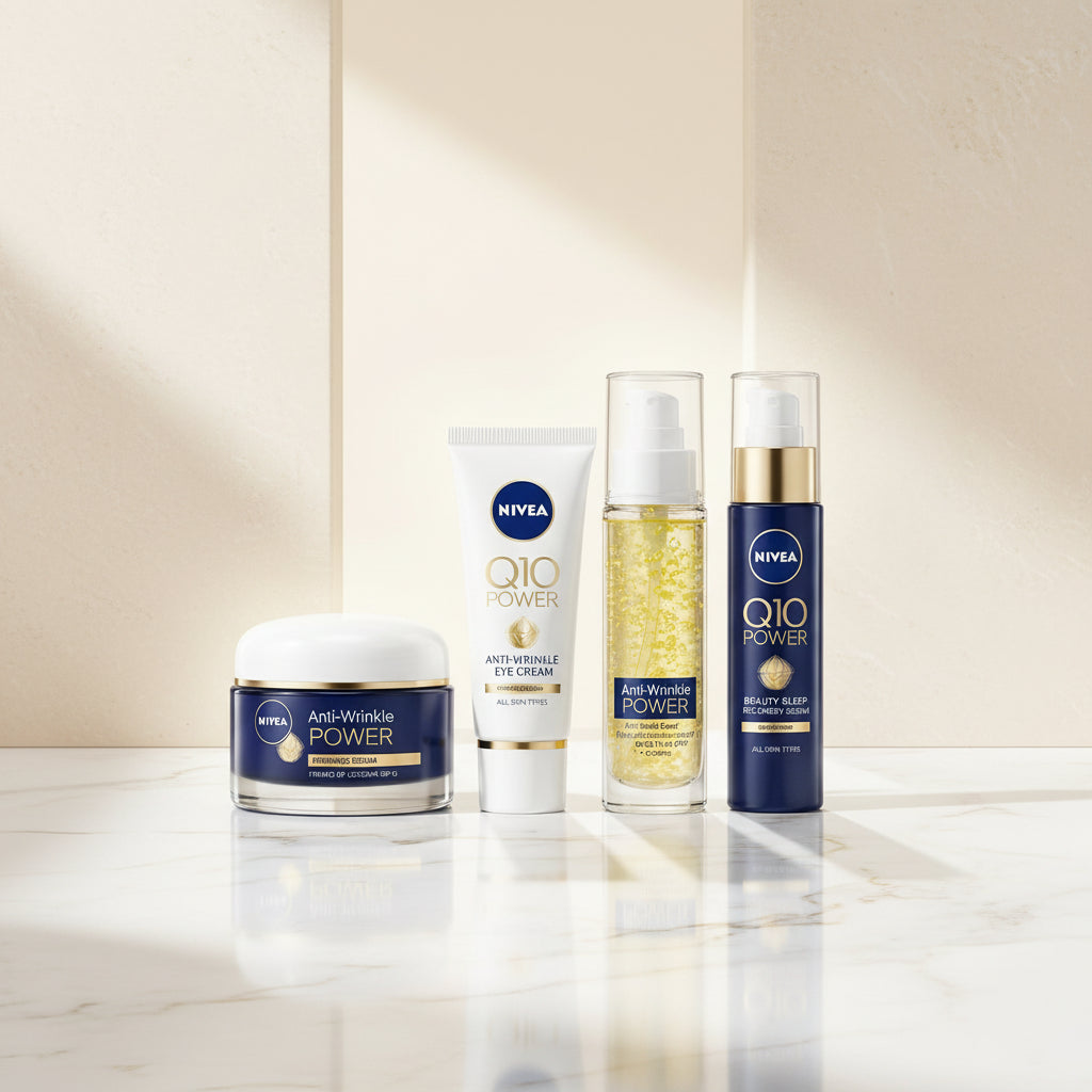 Nivea Q10 Power anti-wrinkle skincare products on a white background