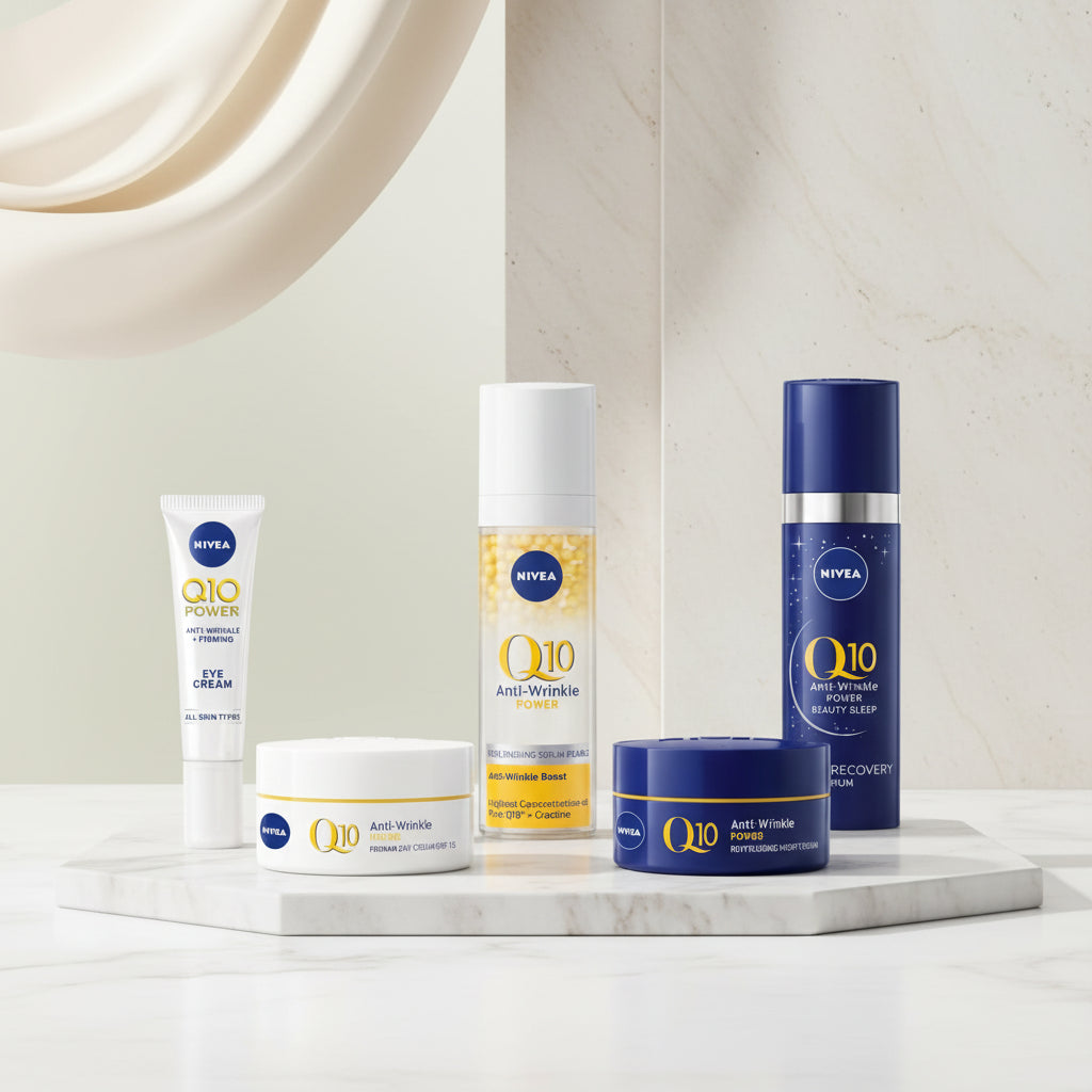 Nivea Q10 Power anti-wrinkle skincare products on a white background