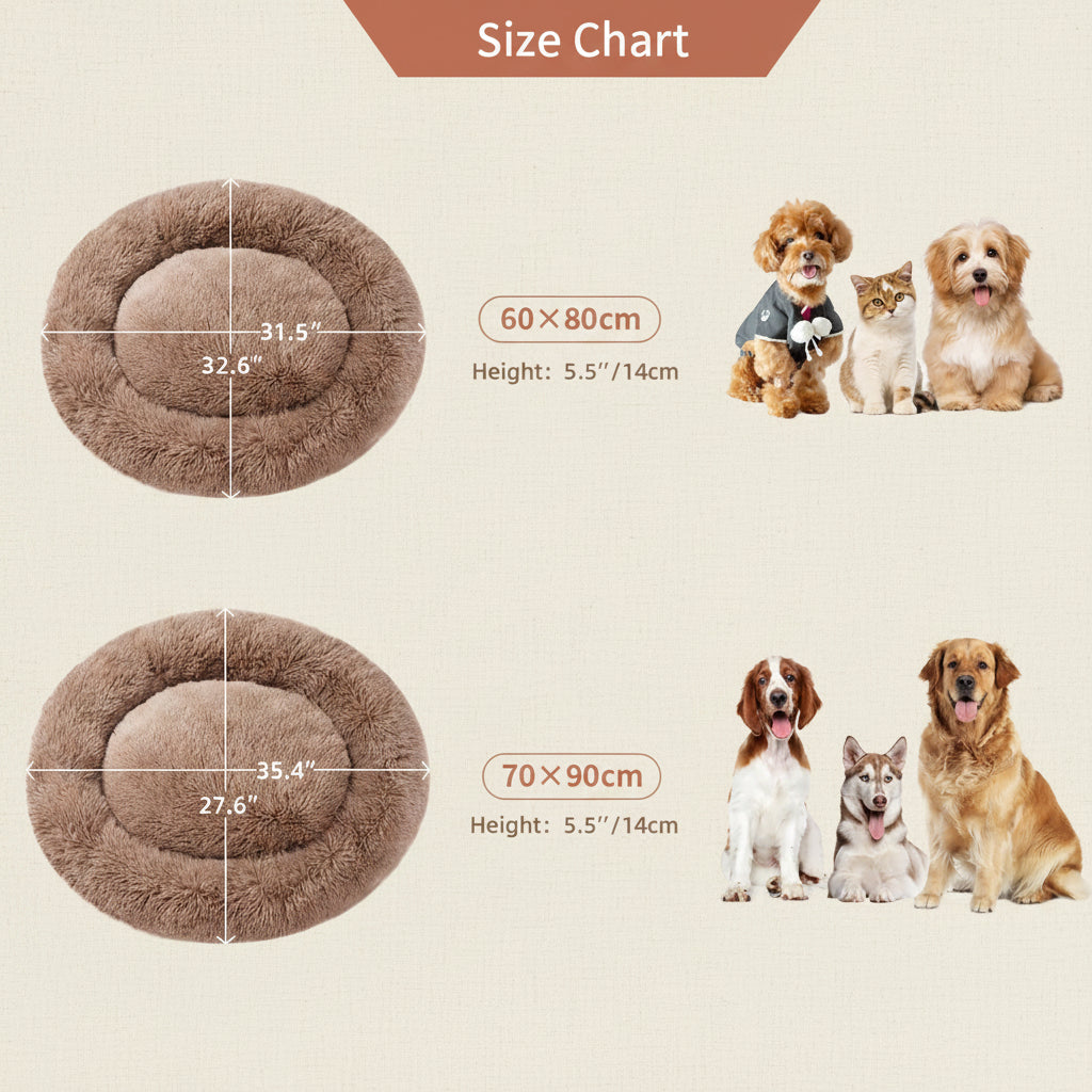 Size chart graphic showing two round plush dog beds in brown, with dimension labels for 60x80 cm and 70x90 cm sizes, plus small photos of dogs and a cat next to each bed size.