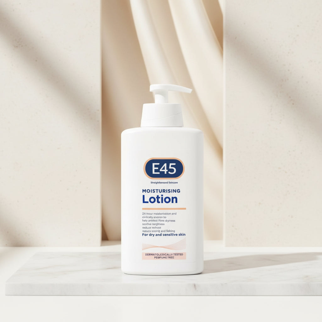 E45 moisturizing lotion bottle with usage instructions on a peach background