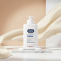 E45 moisturizing lotion bottle with usage instructions on a peach background