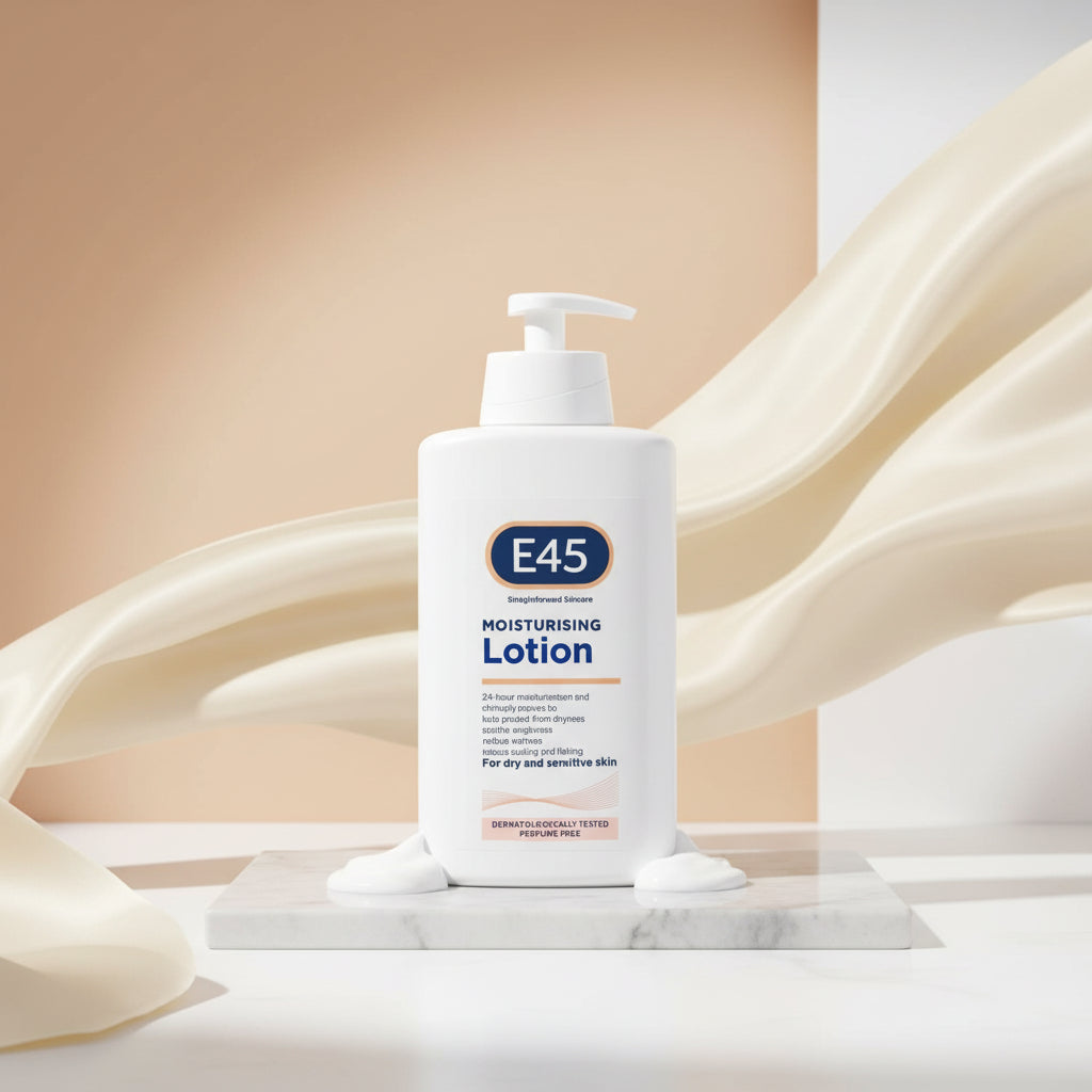 E45 moisturizing lotion bottle with usage instructions on a peach background