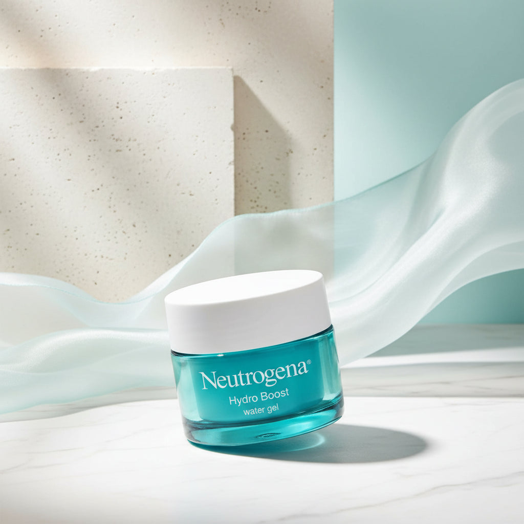 Neutrogena Hydro Boost water gel jar with text about moisturizing on a blue and white background