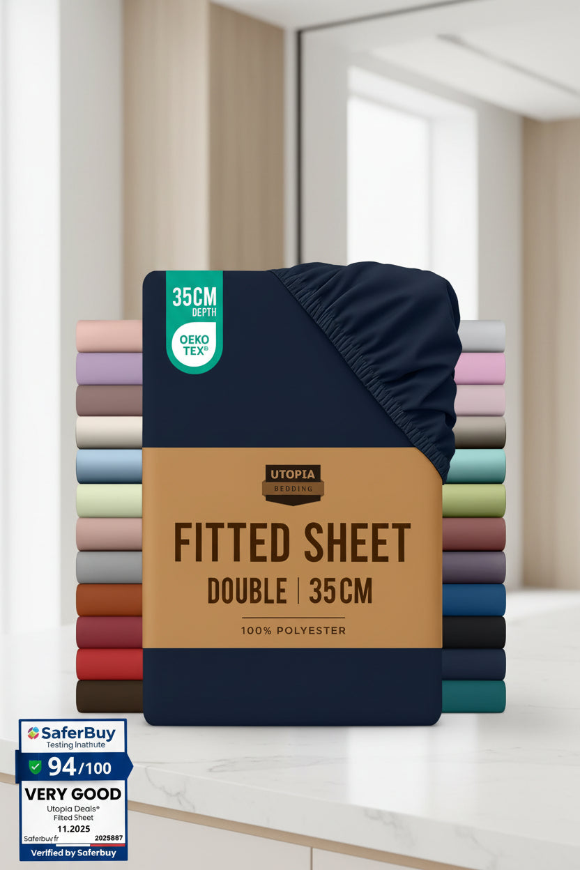 Stack of Utopia Bedding fitted sheets with a navy blue sheet on top and color swatches below.
