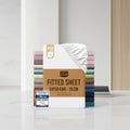 Packaged fitted sheets with color options and Utopia Bedding branding.