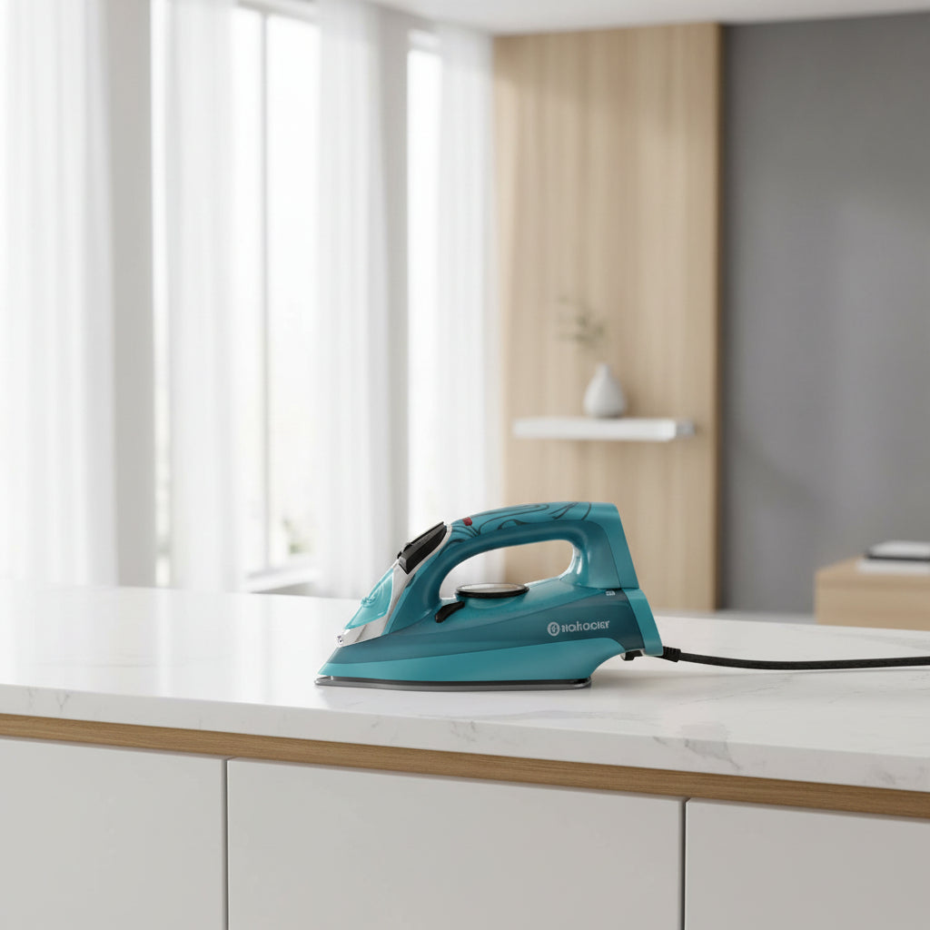 Close-up of a teal and black steam iron showing the steam button, control dial, and metallic hinge on a white background.