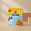 Pedigree Dentastix Light dog treat box with a dog and treats on a blue background